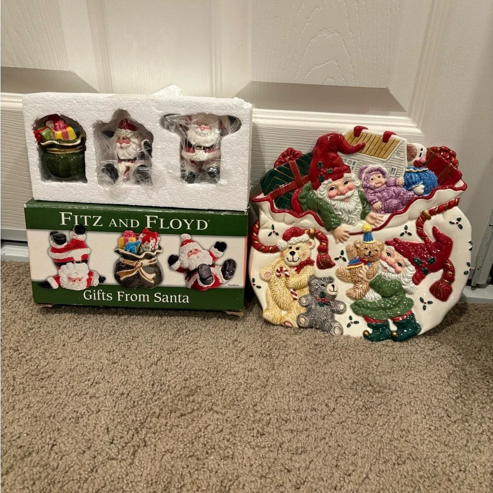 Vintage Fitz and Floyd Christmas Holiday Collection Set Incl Platter & Figurines